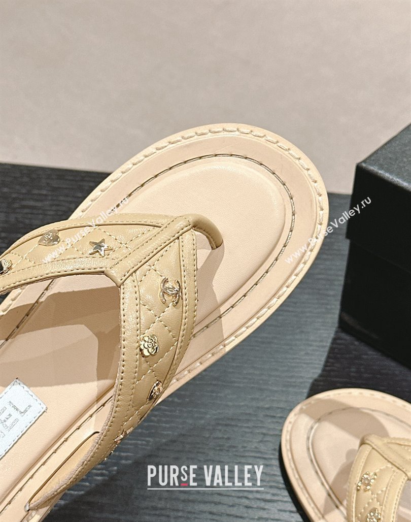 Chanel Calfskin Flat Thong Slide Sandal with Charm Beige 2024 0701 (MD-2407012)