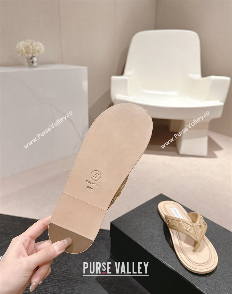 Chanel Calfskin Flat Thong Slide Sandal with Charm Beige 2024 0701 (MD-2407012)