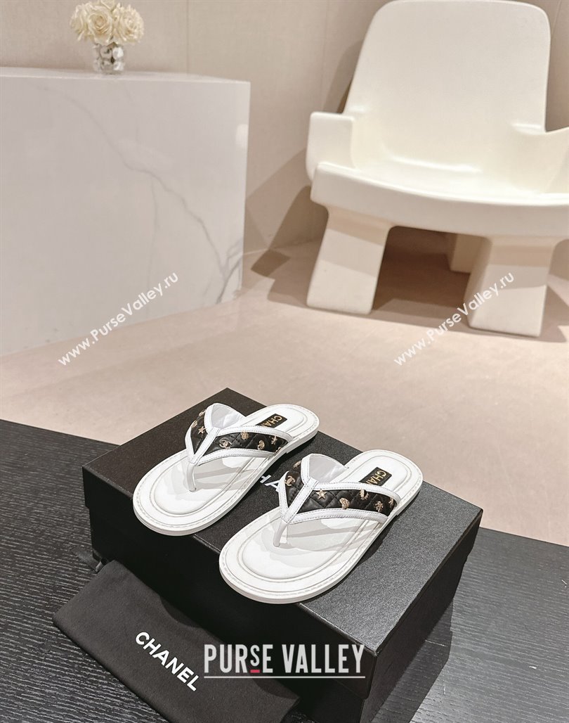 Chanel Calfskin Flat Thong Slide Sandal with Charm White/Black2 2024 0701 (MD-2407013)