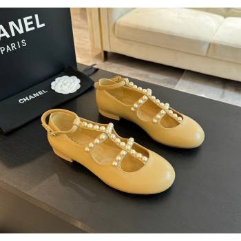 Chanel Calfskin Mary Janes Ballet Flat with Pearls Strap Apricot 2024 G45752 (MD-240701071)