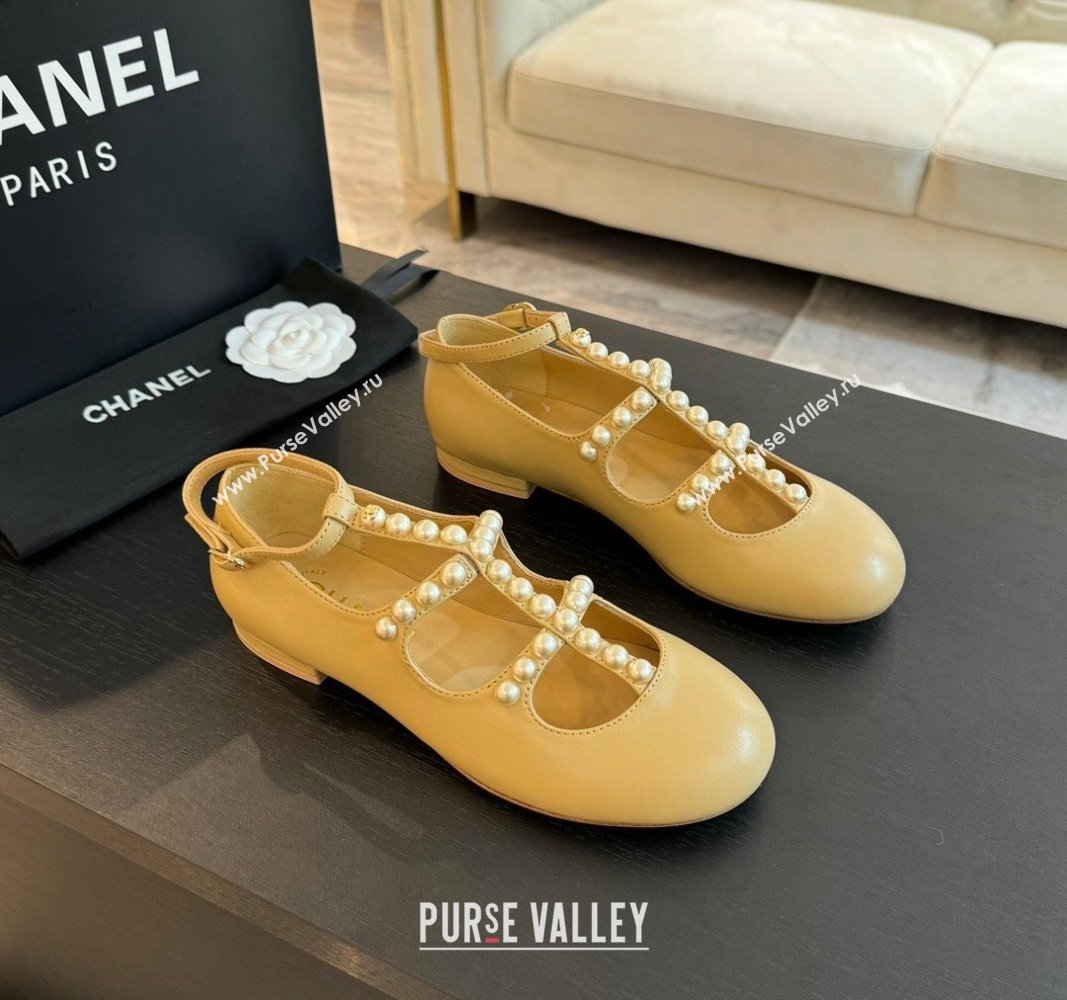 Chanel Calfskin Mary Janes Ballet Flat with Pearls Strap Apricot 2024 G45752 (MD-240701071)