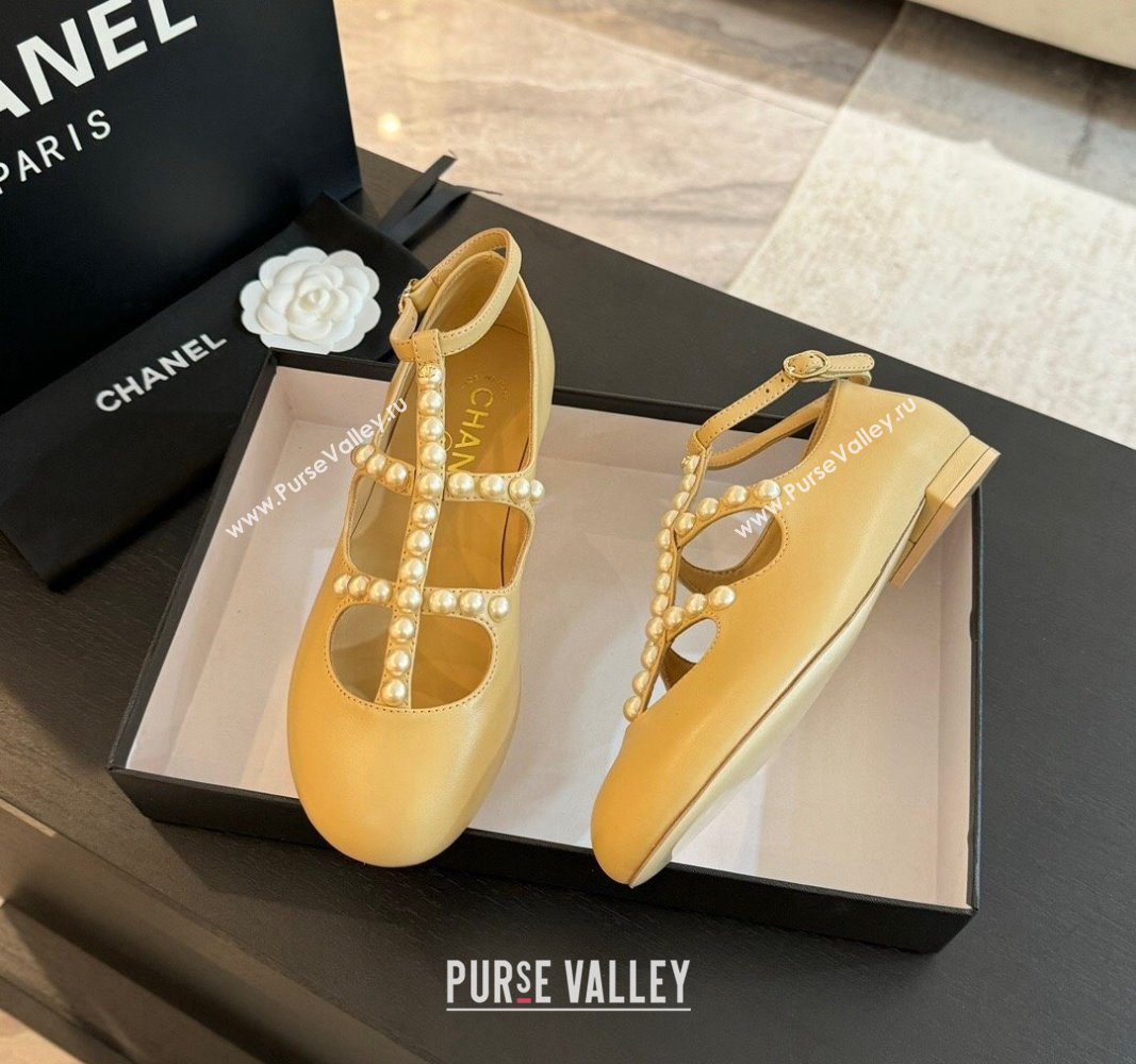 Chanel Calfskin Mary Janes Ballet Flat with Pearls Strap Apricot 2024 G45752 (MD-240701071)