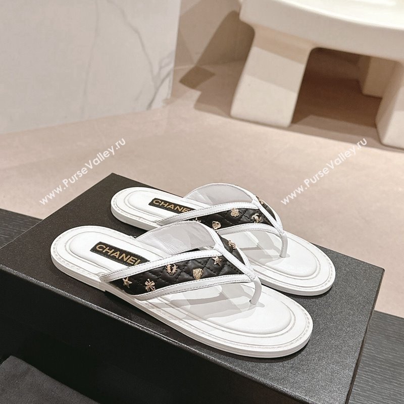 Chanel Calfskin Flat Thong Slide Sandal with Charm White/Black2 2024 0701 (MD-2407013)