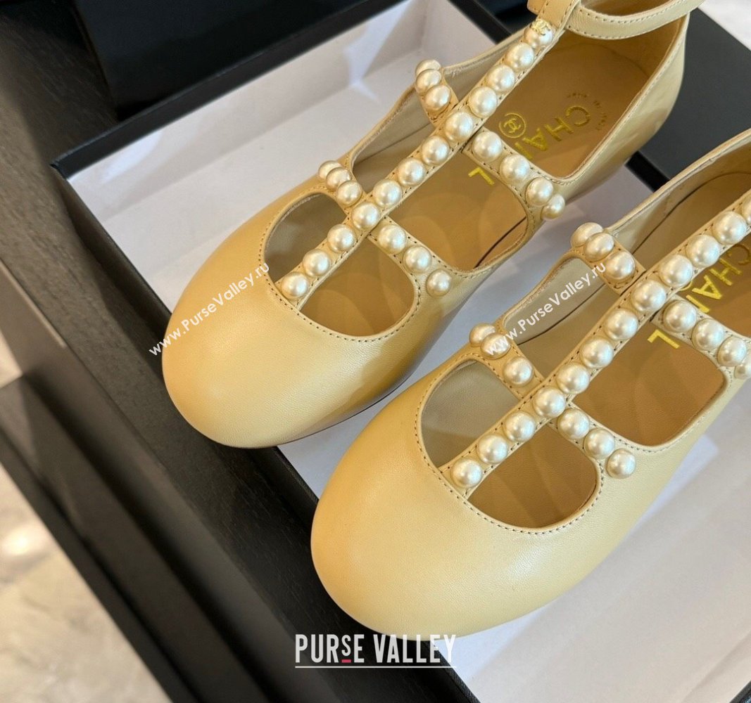 Chanel Calfskin Mary Janes Ballet Flat with Pearls Strap Apricot 2024 G45752 (MD-240701071)