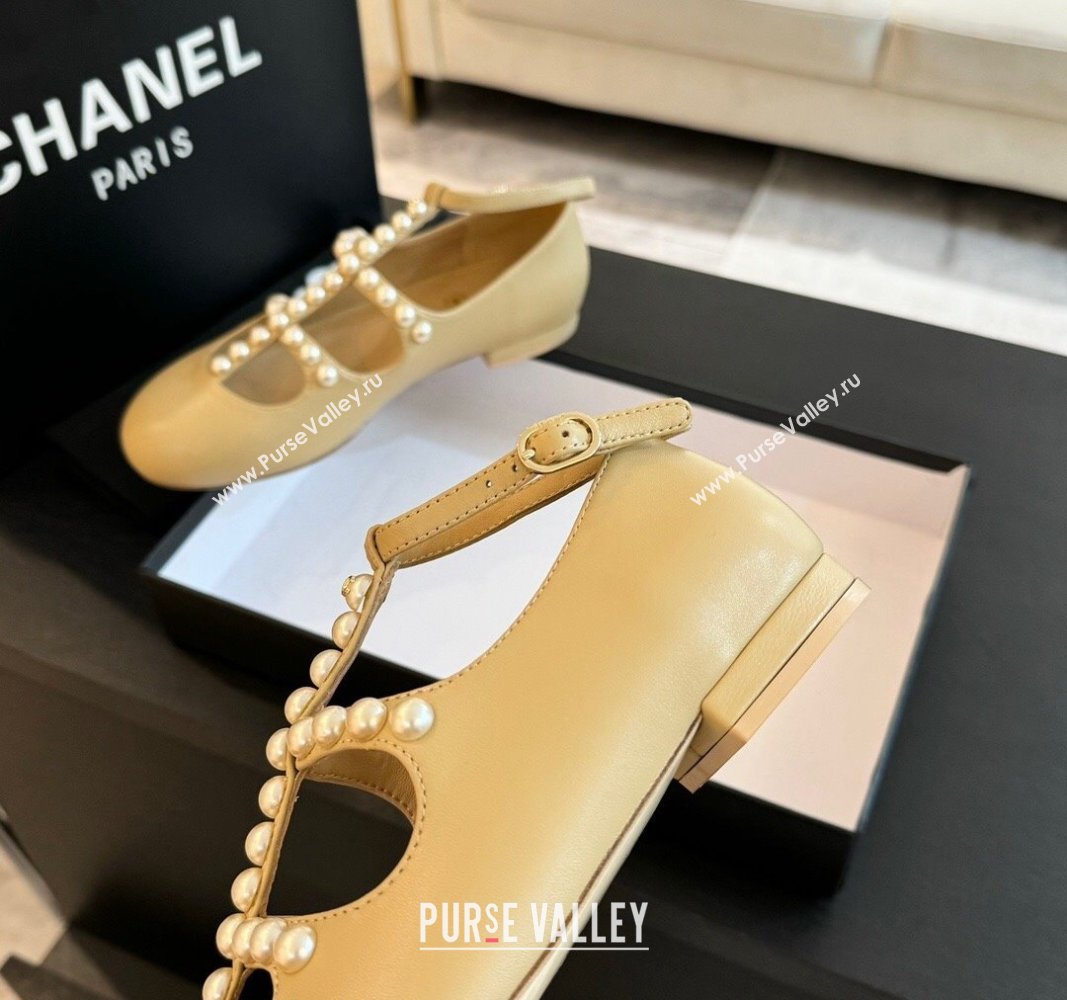 Chanel Calfskin Mary Janes Ballet Flat with Pearls Strap Apricot 2024 G45752 (MD-240701071)