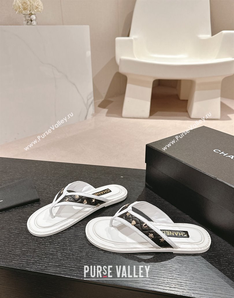 Chanel Calfskin Flat Thong Slide Sandal with Charm White/Black2 2024 0701 (MD-2407013)