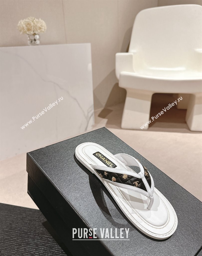 Chanel Calfskin Flat Thong Slide Sandal with Charm White/Black2 2024 0701 (MD-2407013)