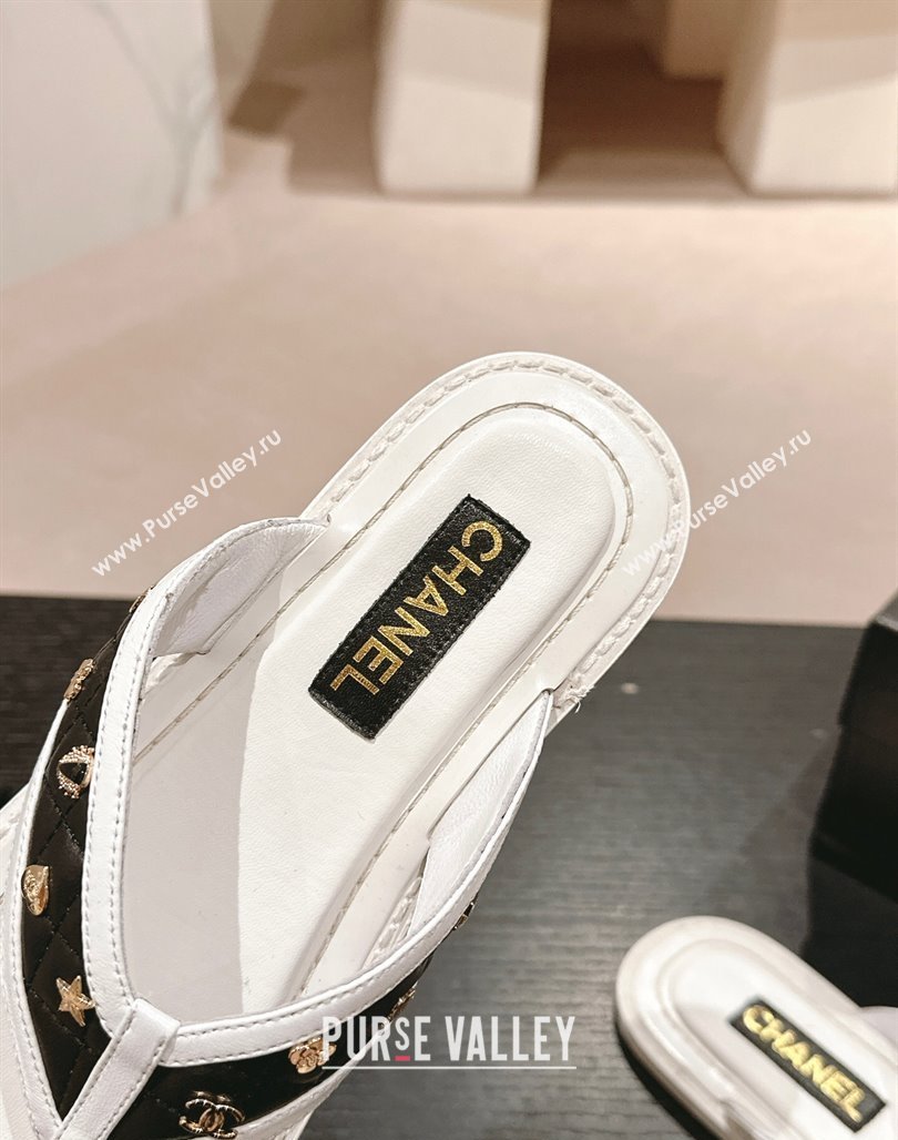 Chanel Calfskin Flat Thong Slide Sandal with Charm White/Black2 2024 0701 (MD-2407013)