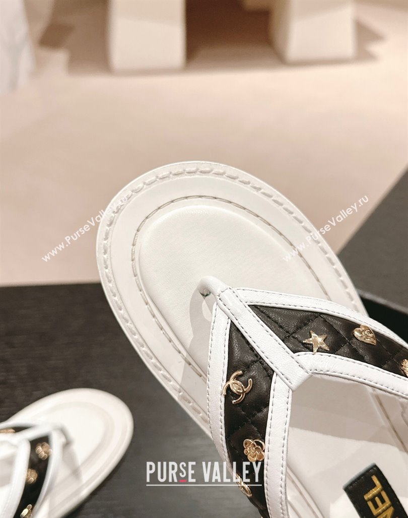 Chanel Calfskin Flat Thong Slide Sandal with Charm White/Black2 2024 0701 (MD-2407013)