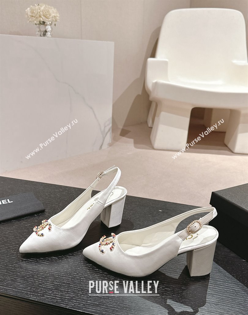 Chanel Satin Slingback Pumps 7cm with Colored CC White 2024 0701 (MD-240701099)