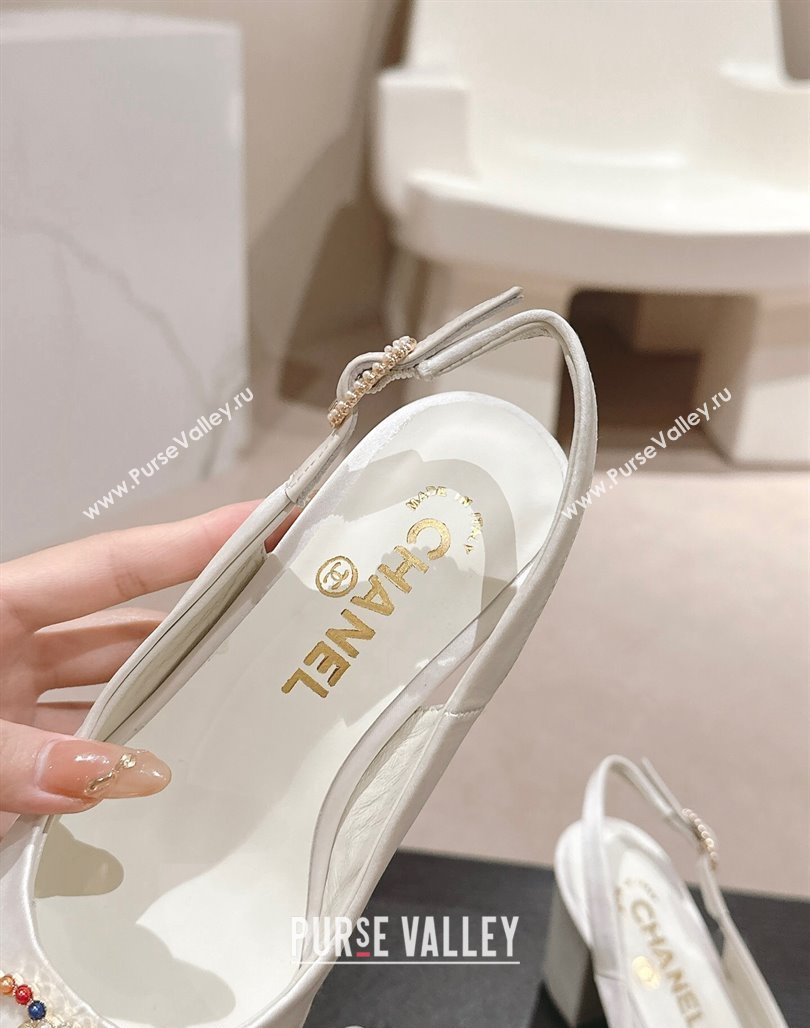 Chanel Satin Slingback Pumps 7cm with Colored CC White 2024 0701 (MD-240701099)