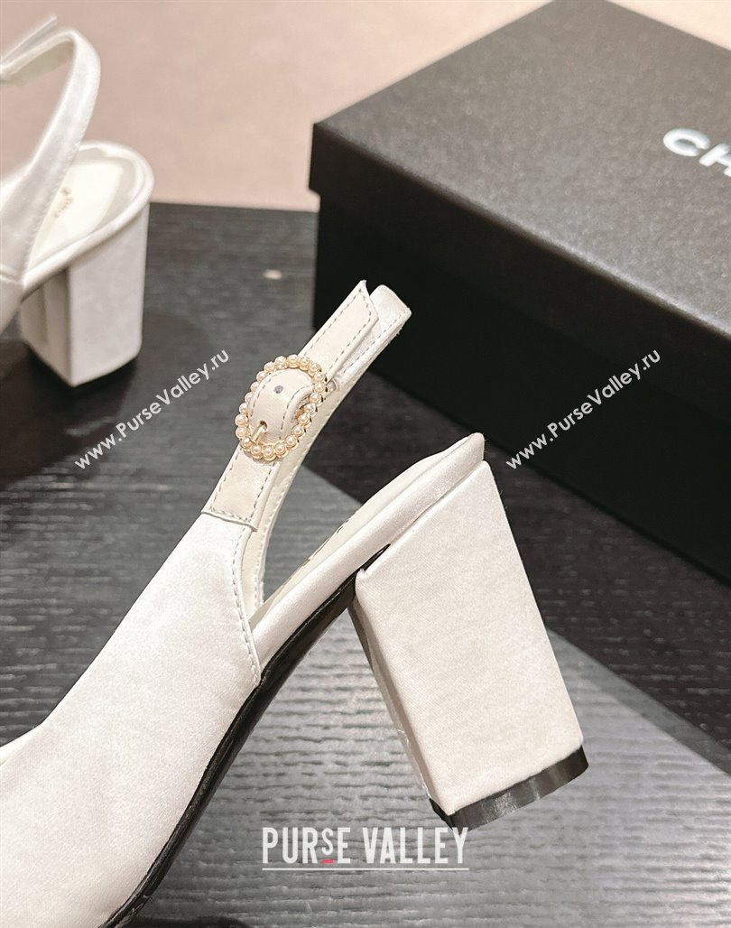 Chanel Satin Slingback Pumps 7cm with Colored CC White 2024 0701 (MD-240701099)