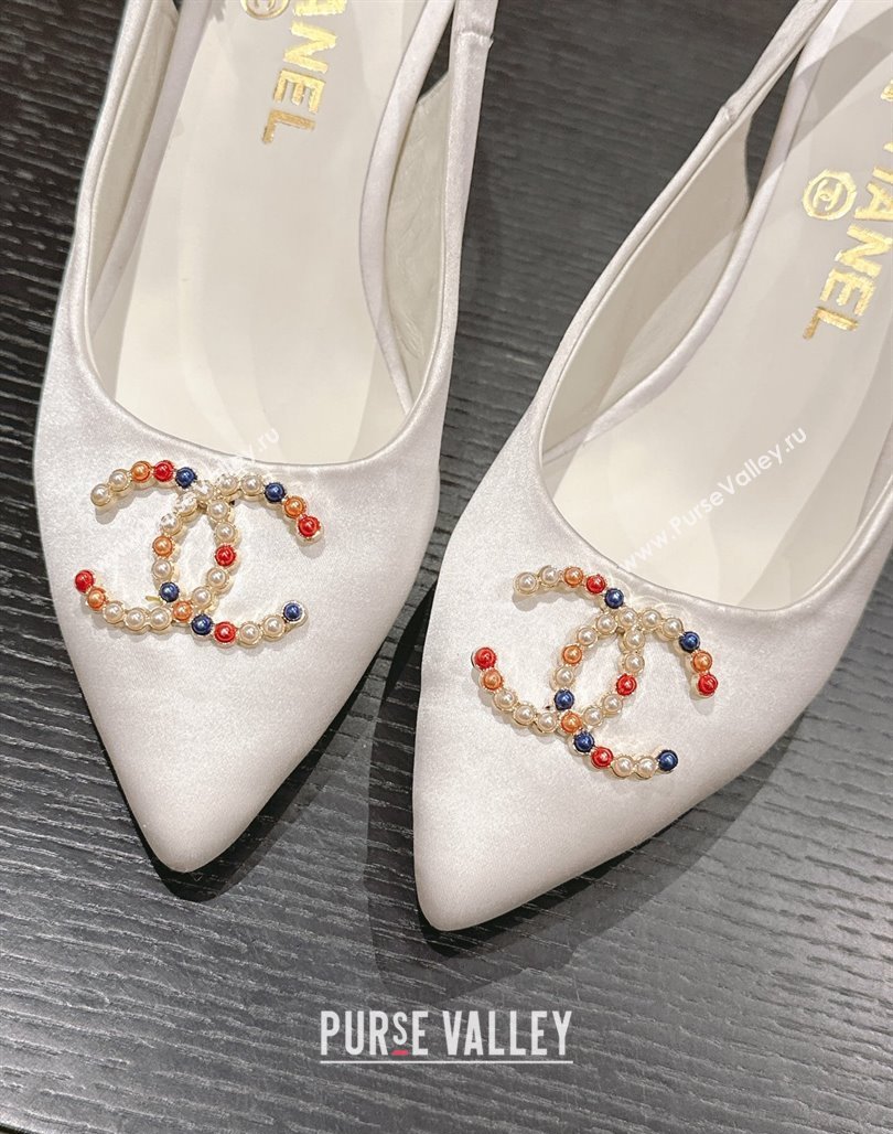 Chanel Satin Slingback Pumps 7cm with Colored CC White 2024 0701 (MD-240701099)