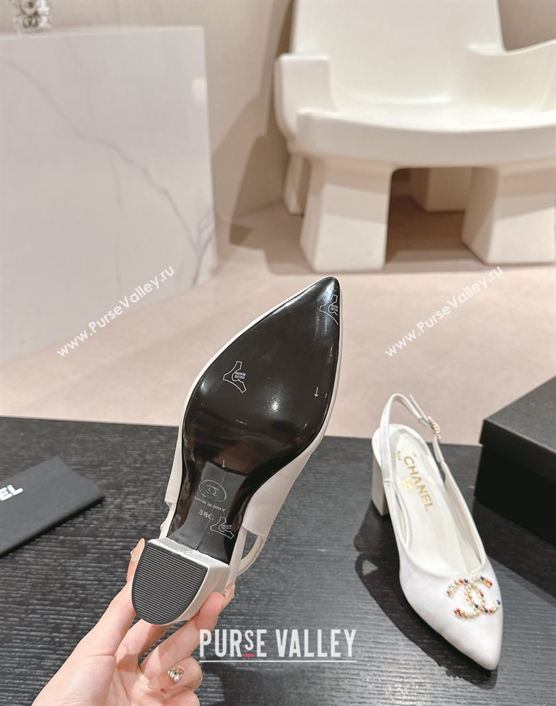 Chanel Satin Slingback Pumps 7cm with Colored CC White 2024 0701 (MD-240701099)