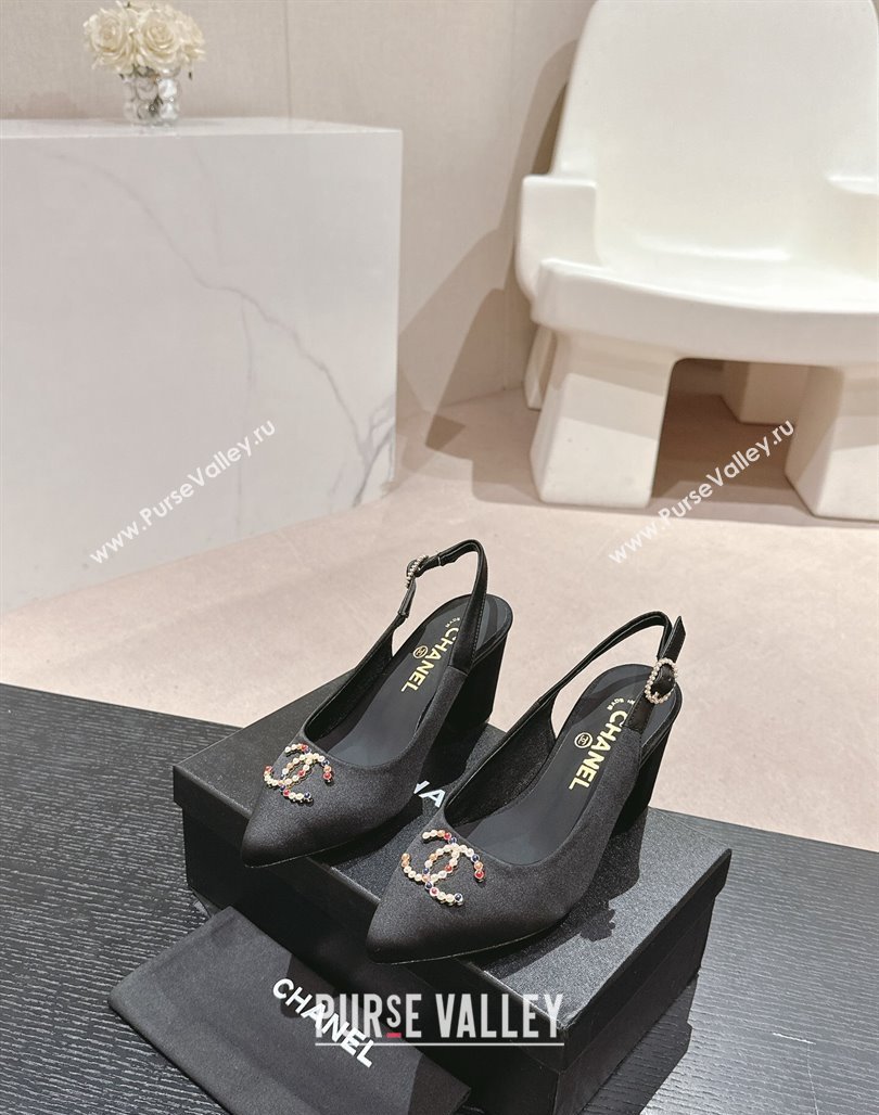 Chanel Satin Slingback Pumps 7cm with Colored CC Black 2024 0701 (MD-240701101)