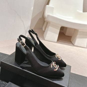 Chanel Satin Slingback Pumps 7cm with Colored CC Black 2024 0701 (MD-240701101)