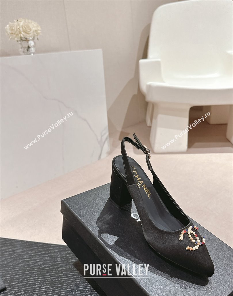 Chanel Satin Slingback Pumps 7cm with Colored CC Black 2024 0701 (MD-240701101)