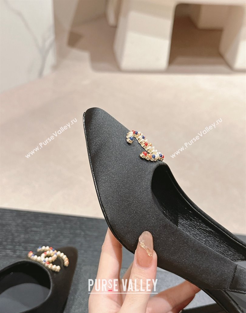 Chanel Satin Slingback Pumps 7cm with Colored CC Black 2024 0701 (MD-240701101)