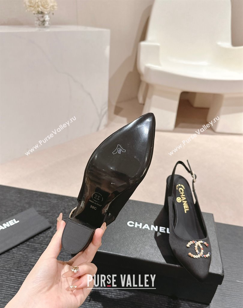 Chanel Satin Slingback Pumps 7cm with Colored CC Black 2024 0701 (MD-240701101)