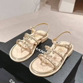 Chanel Lambskin Flat Sandals with CC and Chain Beige 2024 0701 (MD-240701106)