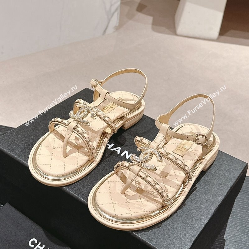 Chanel Lambskin Flat Sandals with CC and Chain Beige 2024 0701 (MD-240701106)