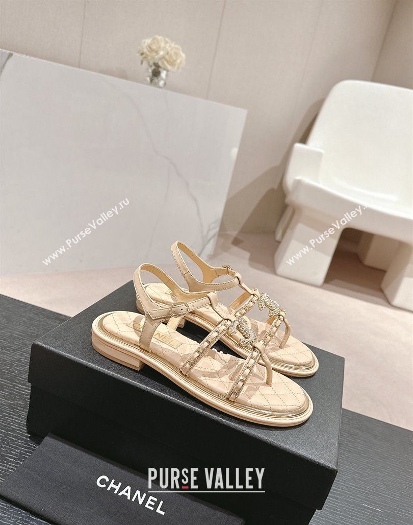 Chanel Lambskin Flat Sandals with CC and Chain Beige 2024 0701 (MD-240701106)