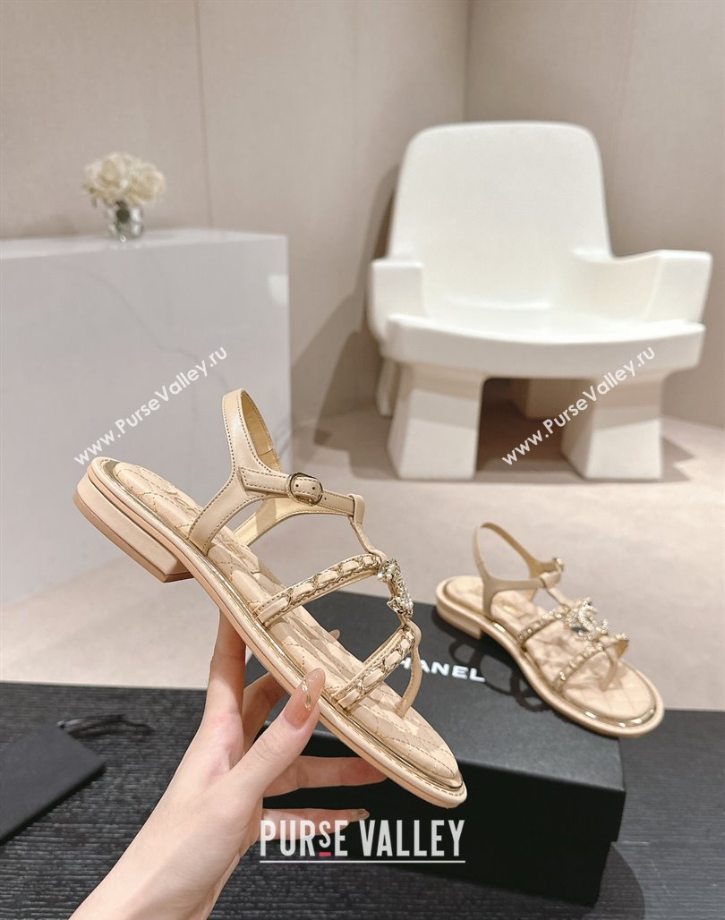 Chanel Lambskin Flat Sandals with CC and Chain Beige 2024 0701 (MD-240701106)