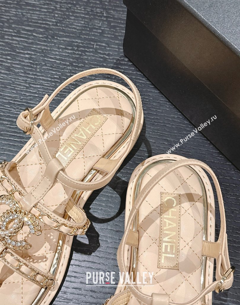 Chanel Lambskin Flat Sandals with CC and Chain Beige 2024 0701 (MD-240701106)