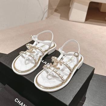 Chanel Lambskin Flat Sandals with CC and Chain White 2024 0701 (MD-240701107)