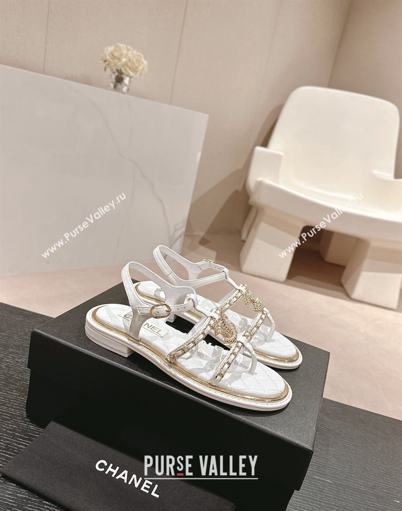 Chanel Lambskin Flat Sandals with CC and Chain White 2024 0701 (MD-240701107)