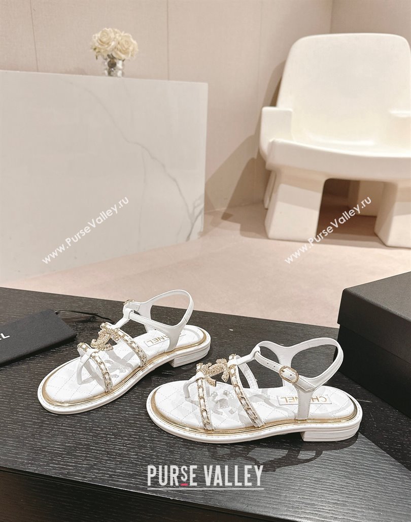 Chanel Lambskin Flat Sandals with CC and Chain White 2024 0701 (MD-240701107)