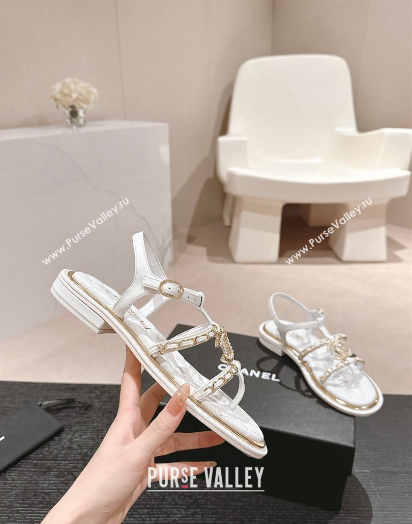 Chanel Lambskin Flat Sandals with CC and Chain White 2024 0701 (MD-240701107)