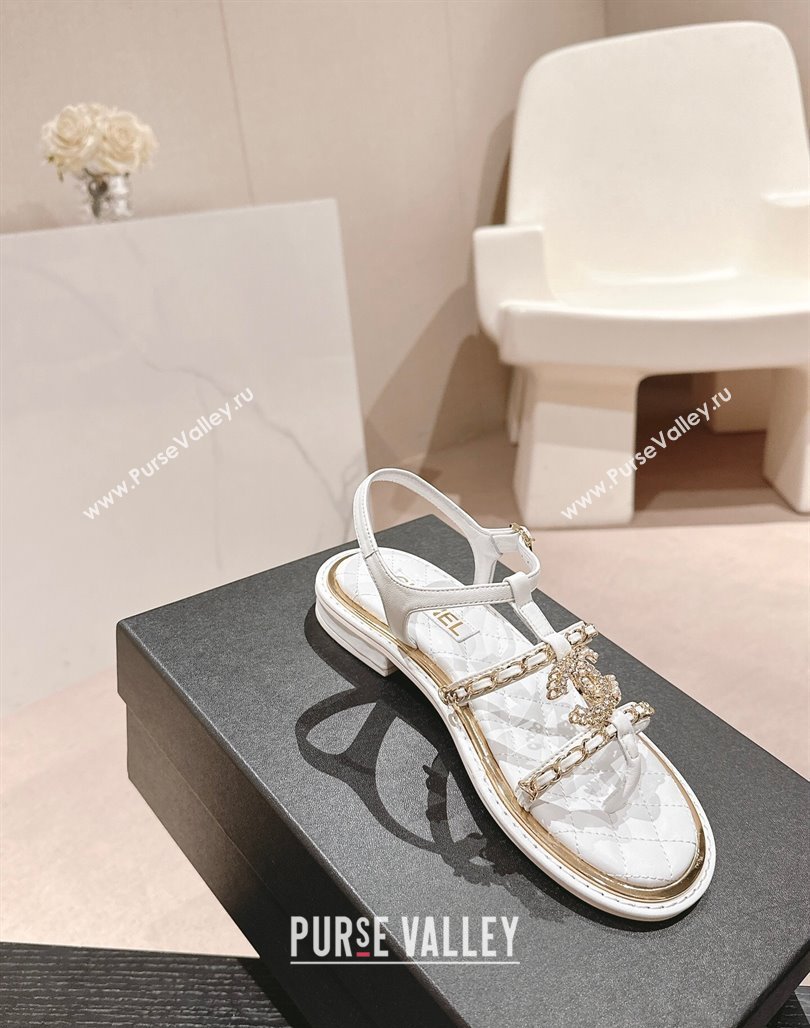 Chanel Lambskin Flat Sandals with CC and Chain White 2024 0701 (MD-240701107)