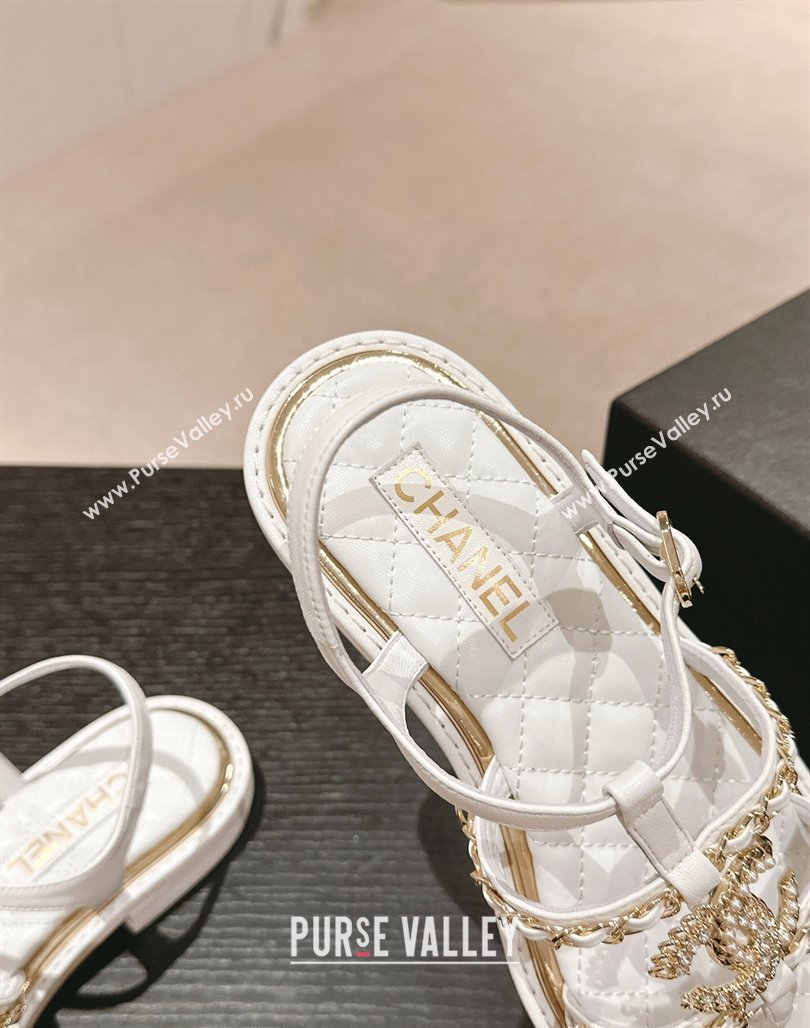 Chanel Lambskin Flat Sandals with CC and Chain White 2024 0701 (MD-240701107)