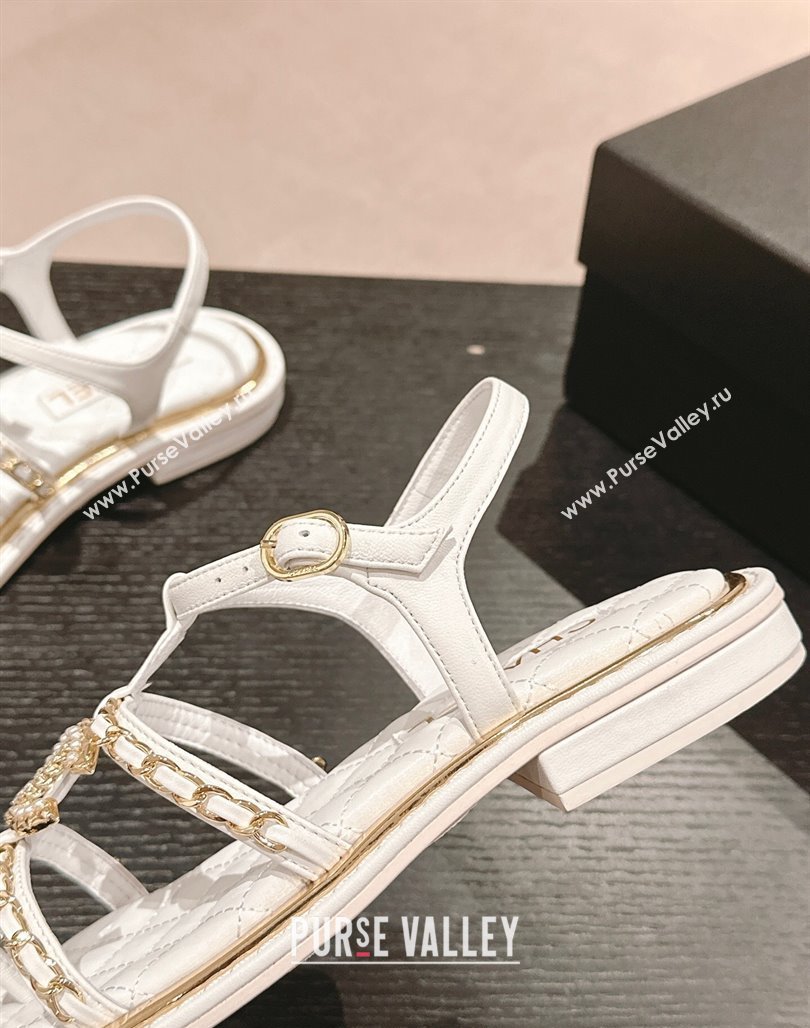 Chanel Lambskin Flat Sandals with CC and Chain White 2024 0701 (MD-240701107)