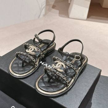 Chanel Lambskin Flat Sandals with CC and Chain Black 2024 0701 (MD-240701108)