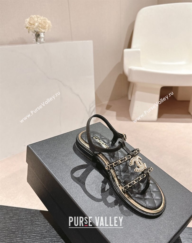 Chanel Lambskin Flat Sandals with CC and Chain Black 2024 0701 (MD-240701108)