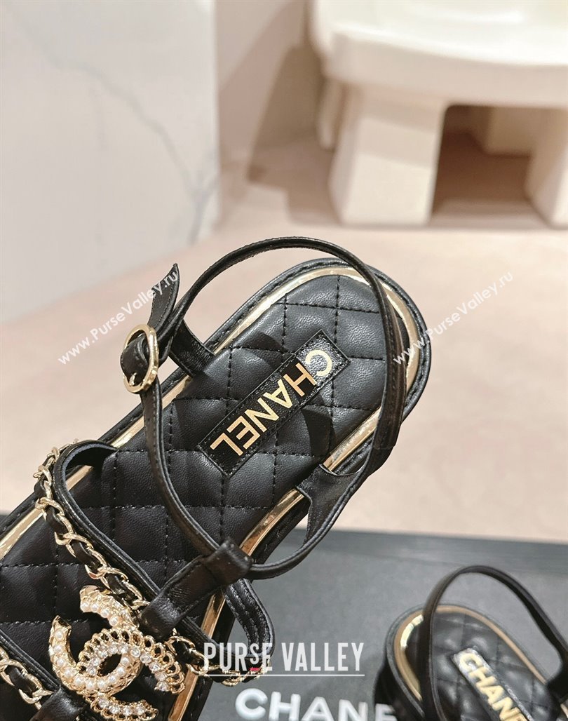 Chanel Lambskin Flat Sandals with CC and Chain Black 2024 0701 (MD-240701108)