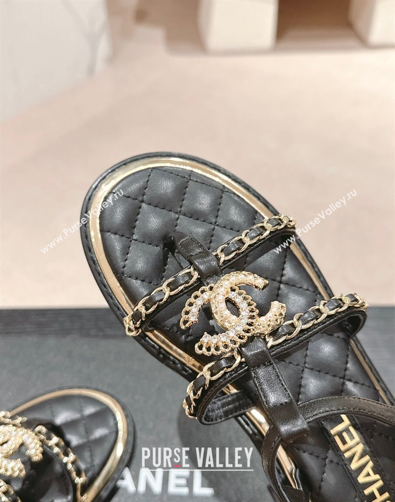 Chanel Lambskin Flat Sandals with CC and Chain Black 2024 0701 (MD-240701108)