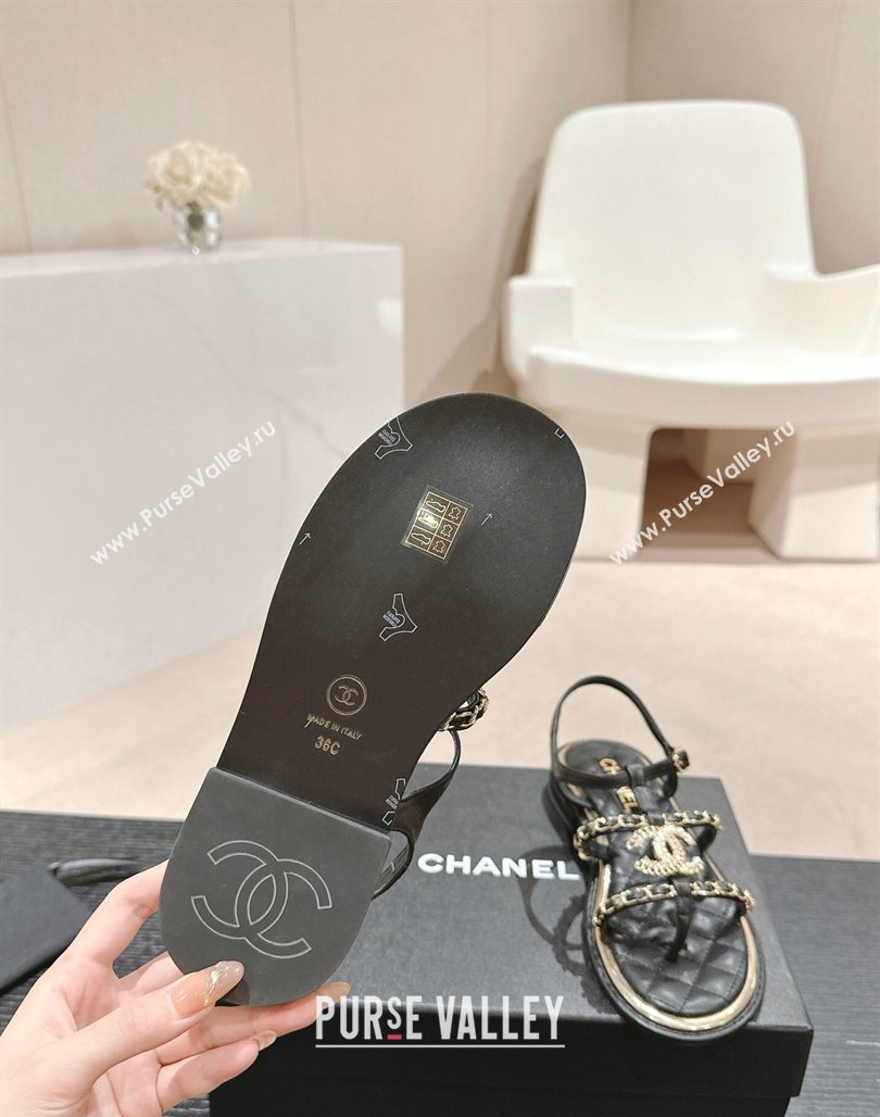 Chanel Lambskin Flat Sandals with CC and Chain Black 2024 0701 (MD-240701108)