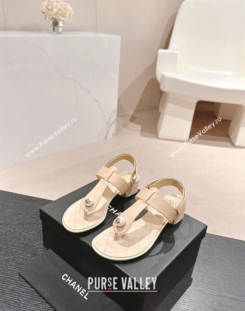 Chanel Lambskin Heel Thong Sandals with Pearl Beige 2024 0701 (MD-240701110)