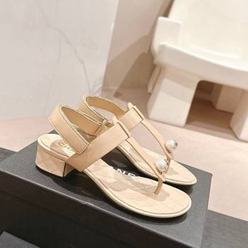 Chanel Lambskin Heel Thong Sandals with Pearl Beige 2024 0701 (MD-240701110)