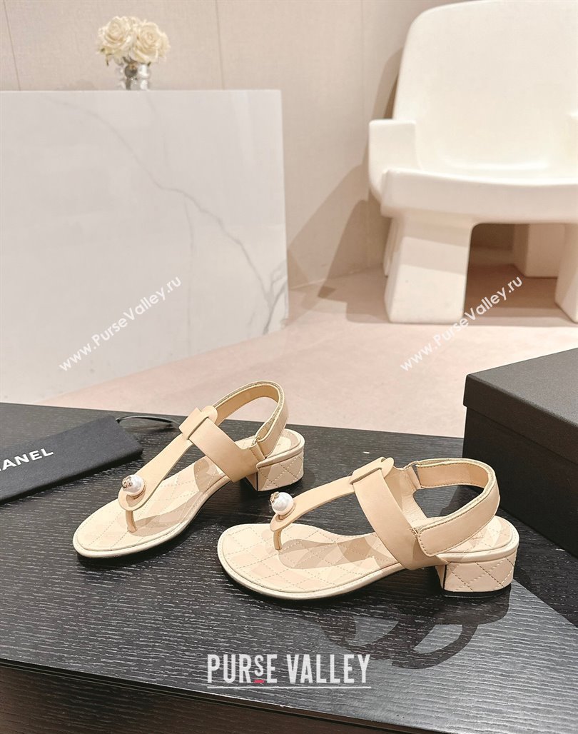 Chanel Lambskin Heel Thong Sandals with Pearl Beige 2024 0701 (MD-240701110)