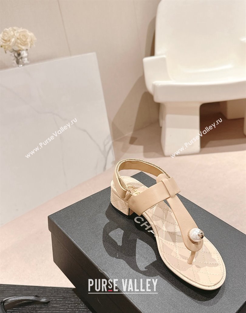 Chanel Lambskin Heel Thong Sandals with Pearl Beige 2024 0701 (MD-240701110)