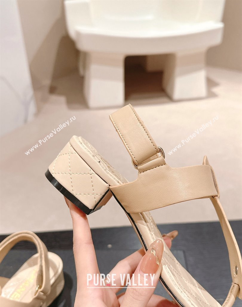 Chanel Lambskin Heel Thong Sandals with Pearl Beige 2024 0701 (MD-240701110)