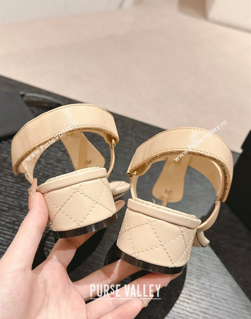 Chanel Lambskin Heel Thong Sandals with Pearl Beige 2024 0701 (MD-240701110)