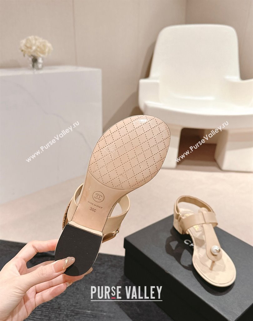 Chanel Lambskin Heel Thong Sandals with Pearl Beige 2024 0701 (MD-240701110)