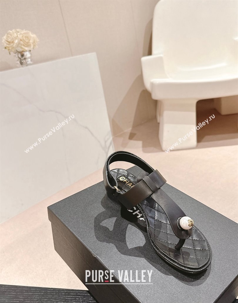 Chanel Lambskin Heel Thong Sandals with Pearl Black 2024 0701 (MD-240701111)