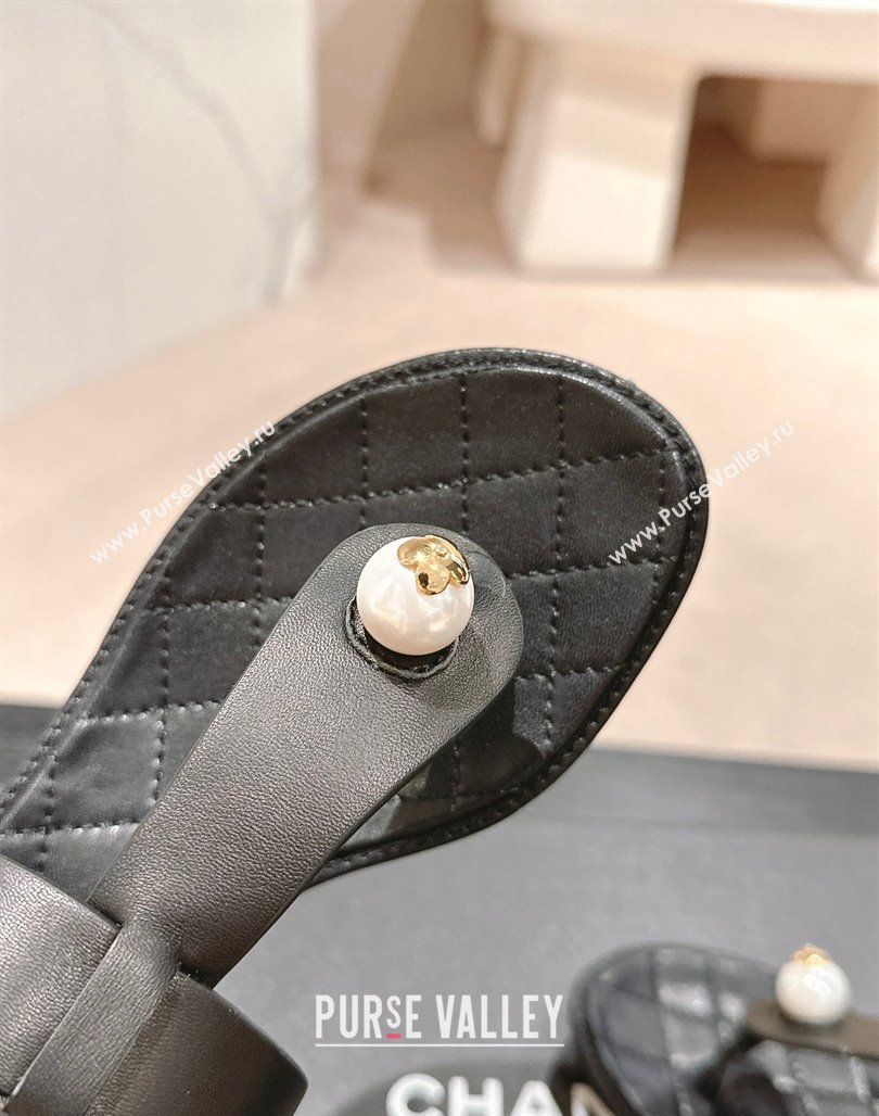 Chanel Lambskin Heel Thong Sandals with Pearl Black 2024 0701 (MD-240701111)