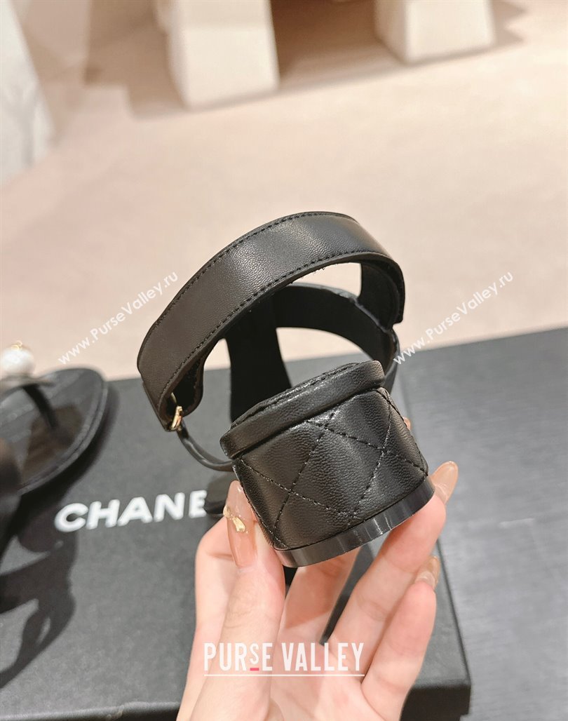 Chanel Lambskin Heel Thong Sandals with Pearl Black 2024 0701 (MD-240701111)